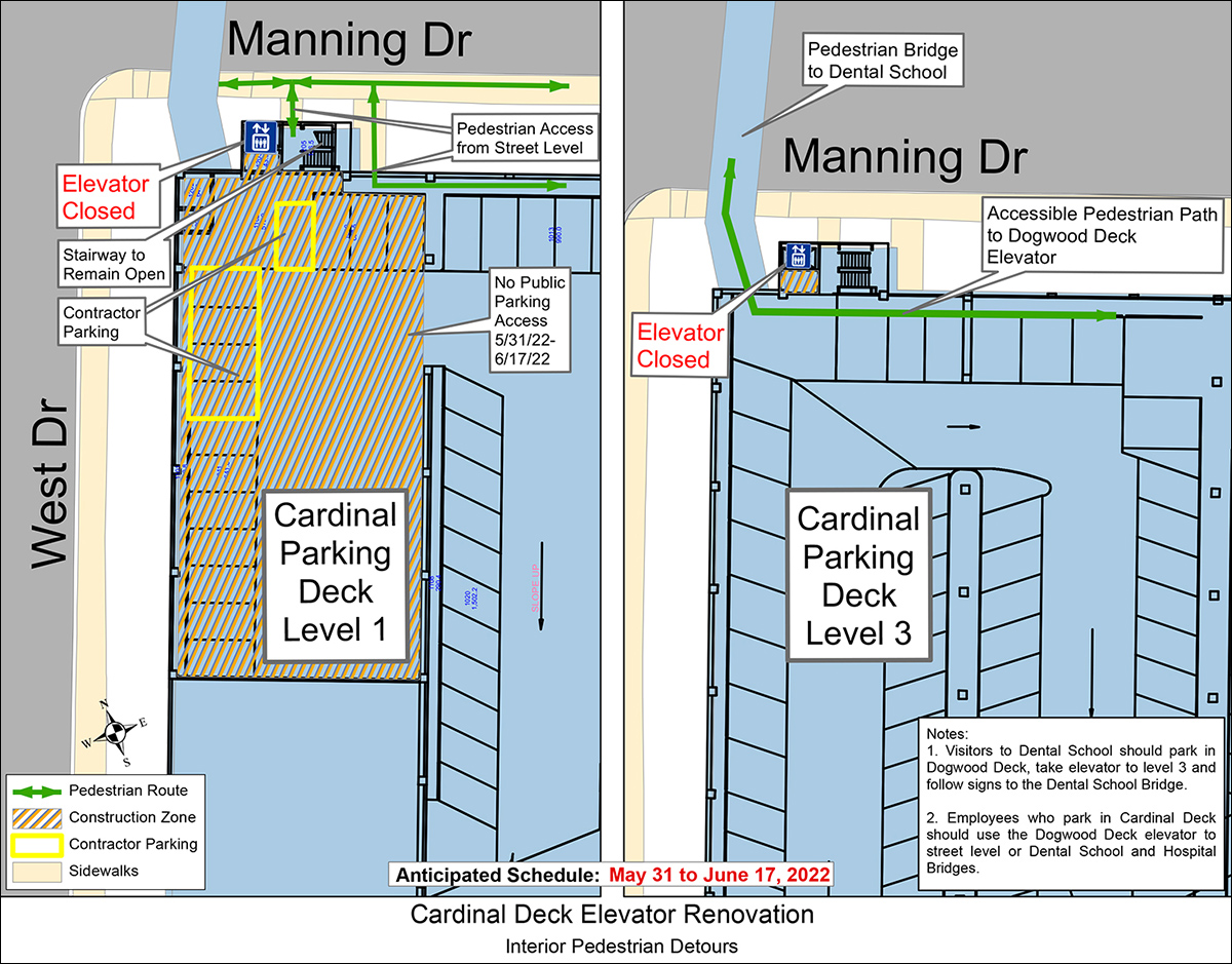 Map of Cardinal Parking Deck interior pedestrian routes