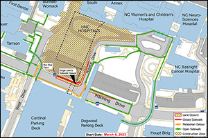 Map of Manning Drive Lane Closure and Pedestrian Routes