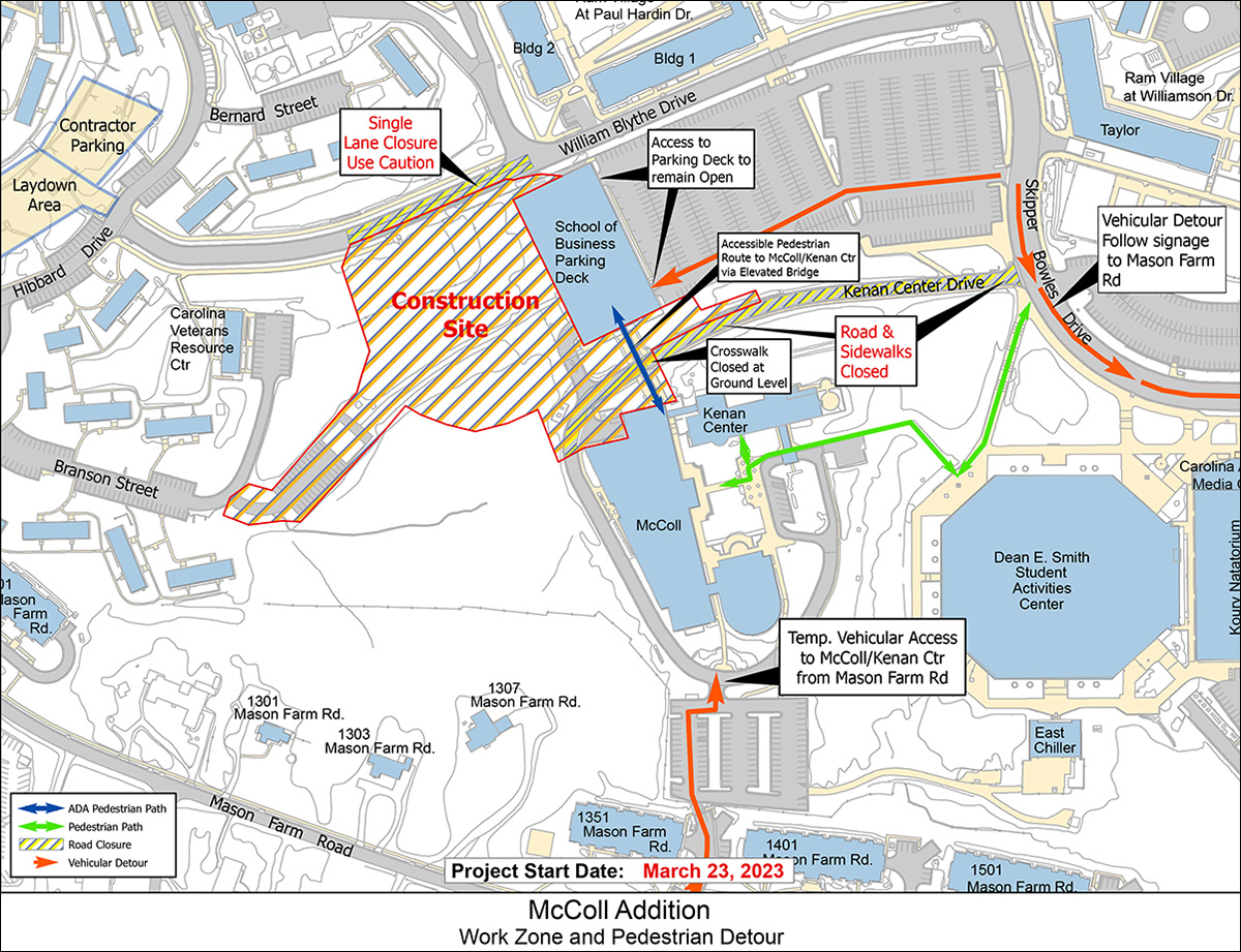 Map of Bell Hall Project Work Zone and Pedestrian Detours