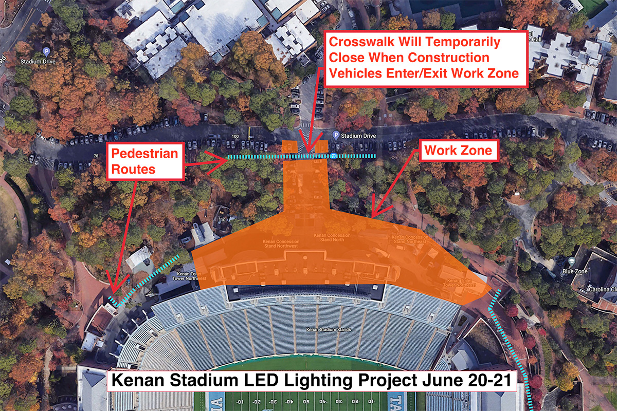 Map of Kenan Stadium north entrance work zone