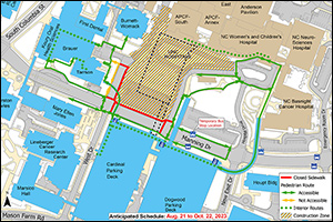 Map of Manning Drive sidewalk closure and pedestrian detours