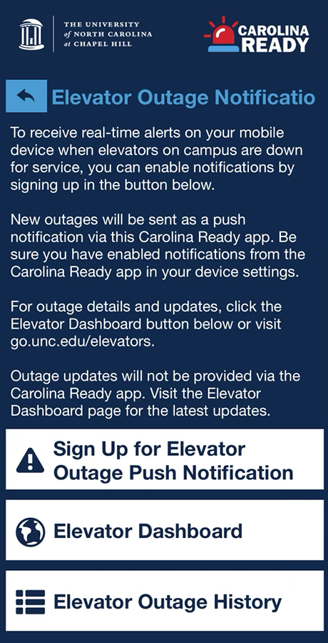 Carolina Ready Elevator Outage Notification screen on mobile device