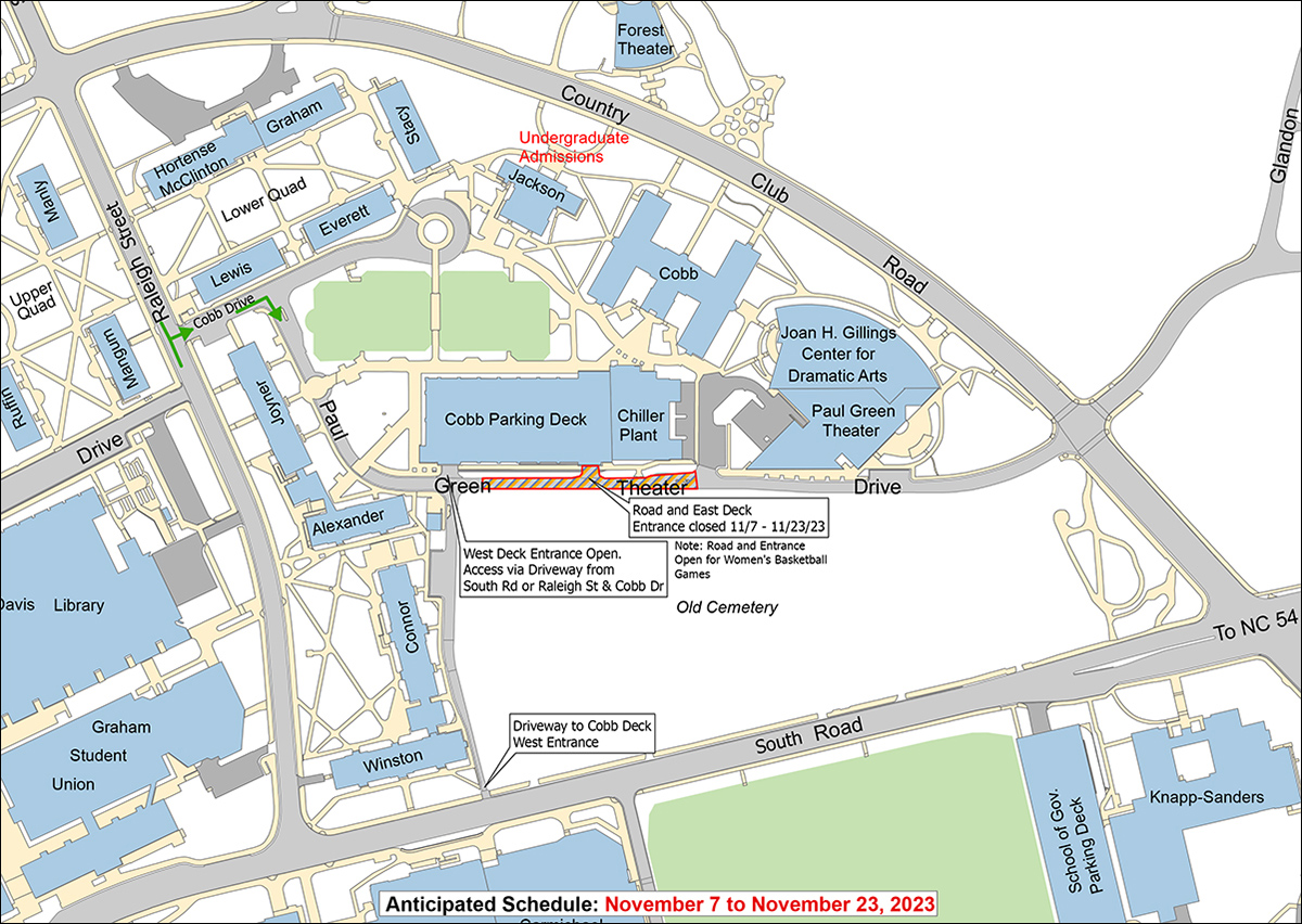 Map of Cobb Parking Deck project impacts and road access.