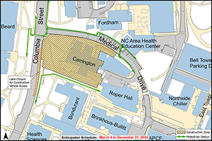 Map of Carrington Hall project impacts and pedestrian detours