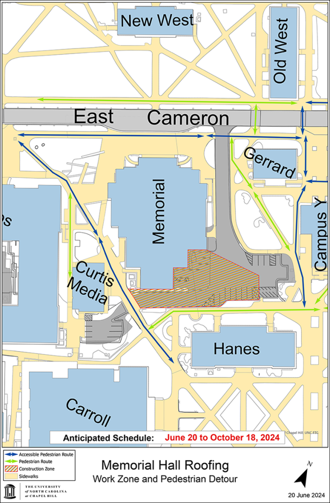 Map of Memorial Hall roof replacement work zone